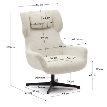Περιστρεφόμενη καρέκλα Zalina με μπράτσα από λευκό δέρμα προβάτου και ατσάλι σε μαύρο φινίρισμα - μεγέθη