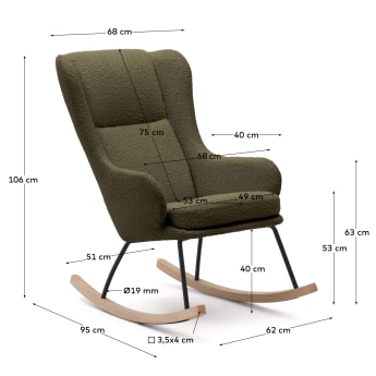 Maustin rocking chair in green bouclé with a dark green steel structure and beech wood - sizes
