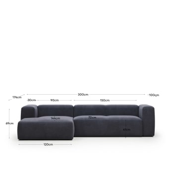 Blok 3 seater sofa with left side chaise longue in blue, 300 cm FR - sizes