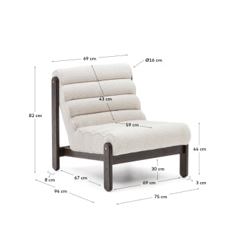 Magira-fauteuil met witte bouclé stof en massief eikenhout met donkere afwerking - maten