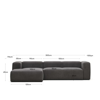 Blok 3 seater sofa with left side chaise longue in grey, 300 cm FR - dimensions