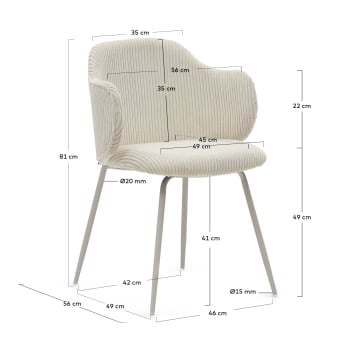 Yunia chair in beige wide seam corduroy with steel legs in a powder coated beige finish - sizes
