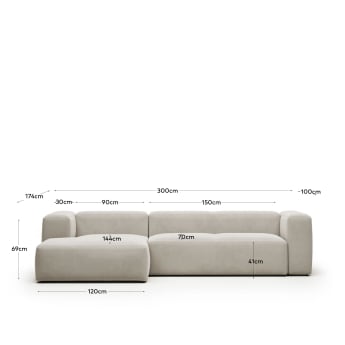 Blok 3 seater sofa with left side chaise longue in white, 300 cm FR - dimensions