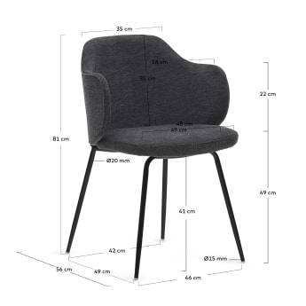 Krzesło Yunia w kolorze ciemnoszarym ze stalowymi nogami z czarnym wykończeniem FR - rozmiary