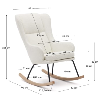 Maustin rocking chair in white bouclé with a black steel structure and beech wood - sizes