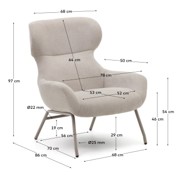 Belina chenille armchair in beige and steel with white finish - sizes