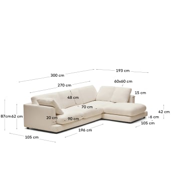 Gala 4-zitsbank met chaise longue rechts in beige 300 cm - maten