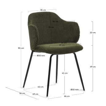 Καρέκλα Yunia, πράσινο χοντρό κοτλέ και ατσάλινα πόδια σε μαύρο βαμμένο φινίρισμα - μεγέθη