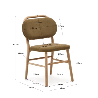Krzesło Helda z zielonego szenilu i litego drewna dębowego - rozmiary