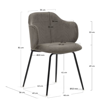 Cadeira Yunia de bombazine cinza com pernas de aço acabamento pintado preto - tamanhos
