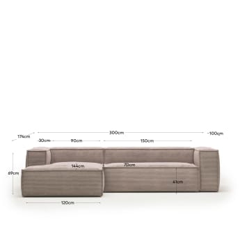 3θ καναπές Blok με ανάκλινδρο αριστερά, χοντρό κοτλέ, ροζ, 300εκ - μεγέθη