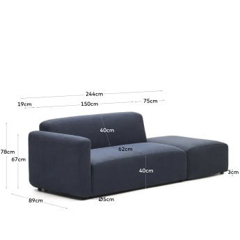 Sofa modułowa 2-osobowa Neom (część końcowa) z niebieskiej tkaniny 244 cm - rozmiary