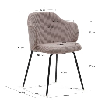Yunia chair in wide seam pink corduroy with steel legs in a painted black finish - sizes