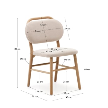 Cadeira Helda de chenille bege e madeira maciça de carvalho - tamanhos