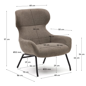 Belina-fauteuil van lichtbruine chenille en staal met zwarte afwerking - maten
