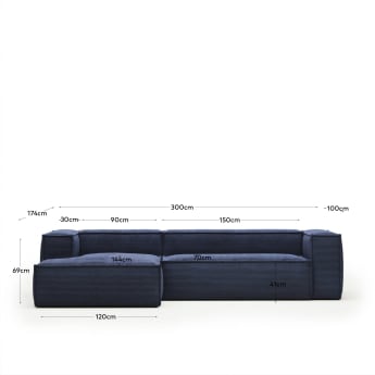 Blok 3 seater sofa with left side chaise longue in blue corduroy, 300 cm FR - sizes