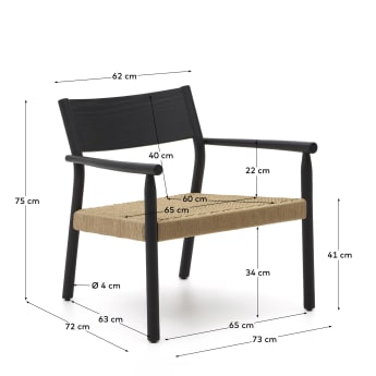 Fauteuil Yalia en bois de chêne FSC 100% finition noire et siège en corde de papier - dimensions