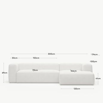 Blok 3 seater sofa with right side chaise longue in white fleece, 300 cm FR - sizes