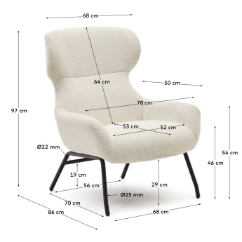 Belina armchair in white bouclé and steel with black finish - sizes