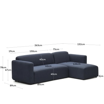3θ αρθρωτός καναπές Neom με ανάκλινδρο δεξιά/αριστερά, μπλε ύφασμα, 263 εκ - μεγέθη