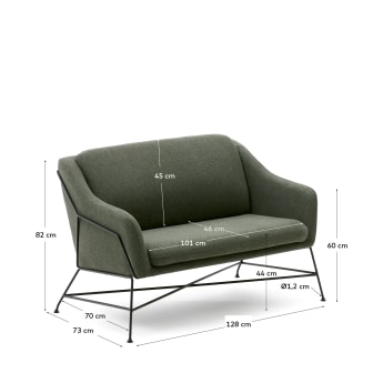 Brida 2-seater sofa in green and steel legs with black finish, 128 cm - sizes