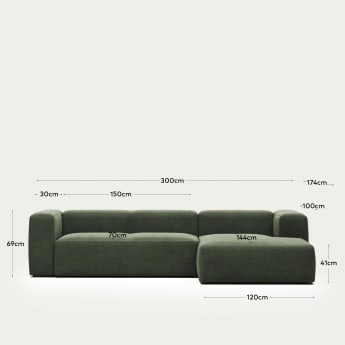 Blok 3 seater sofa with right side chaise longue in green, 300 cm FR - sizes