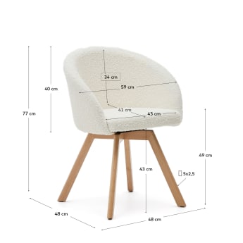 Sedia girevole Marvin in tessuto effetto montone bianco e gambe di legno massiccio di faggio con finitura naturale - dimensioni