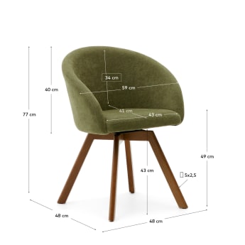 Chaise giratoire Marvin en chenille verte et pieds en bois de chêne finition noyer - dimensions