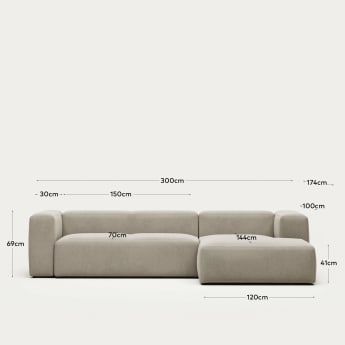 Blok 3 seater sofa with right side chaise longue in beige, 300 cm FR - maten