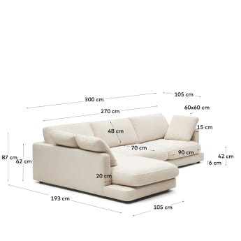 Sofá Gala 4 plazas con chaise longue izquierdo beige 300 cm - tamaños