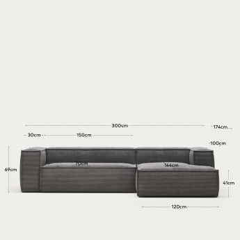 3θ καναπές Blok με ανάκλινδρο δεξιά, χοντρό κοτλέ, γκρι, 300εκ FR - μεγέθη
