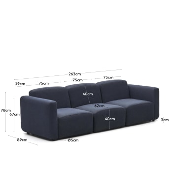Neom modulares 3-Sitzer-Sofa in Blau 263 cm - Größen