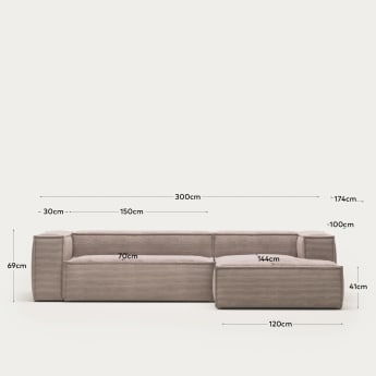 Blok 3 seater sofa with right side chaise longue in pink wide seam corduroy, 300 cm - sizes