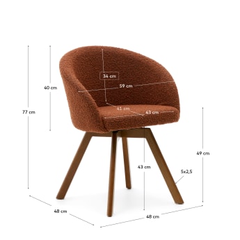 Marvin brown bouclé swivel chair with solid beech wood legs in a walnut finish - sizes