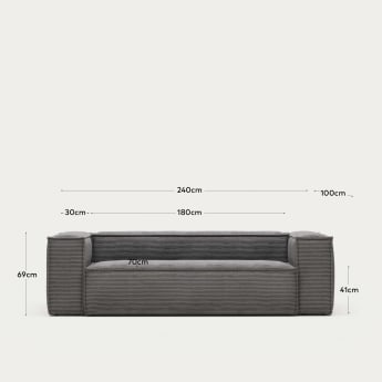 Blok 3 seater sofa in grey corduroy, 240 cm FR - dimensions
