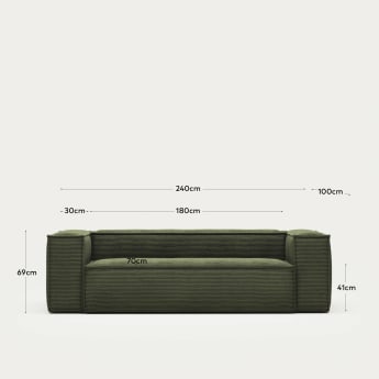 Blok 3 seater sofa in green corduroy, 240 cm FR - dimensions