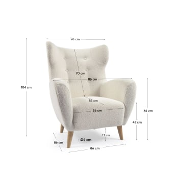 Patio armchair in white bouclé with solid, natural rubberwood legs - sizes