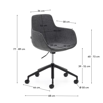 Cadeira de escritório Tissiana cinza-escuro e alumínio com acabamento preto mate - tamanhos