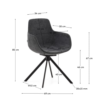 Cadeira giratória autorretorno Tissiana chenille cinza-escuro aço preto mate - tamanhos