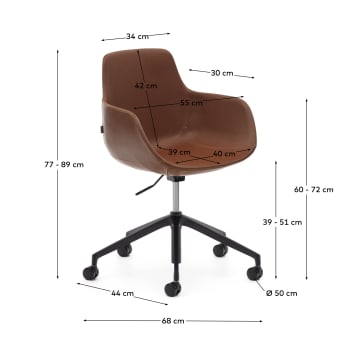 Chaise de bureau Tissiana en cuir synthétique marron et aluminium avec finition noire mate. - dimensions