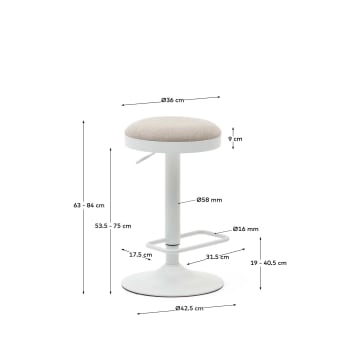 Zaib stool in beige chenille and matt white steel height 58-80 cm - sizes