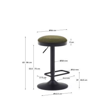 Zaib stool in dark green chenille and matt black steel height 58-80 cm - sizes
