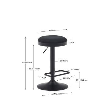 Tabouret Zaib en chenille noir et acier noir mat hauteur 58-80 cm - dimensions