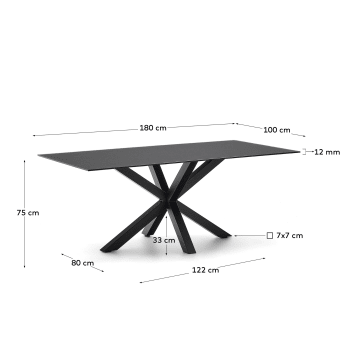 Argo glazen tafel met stalen poten in zwart 180 x 190 cm - maten