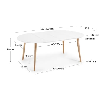 Table extensible ronde Oqui MDF laqué blanc et pieds bois hêtre 120(200)x120 cm - dimensions
