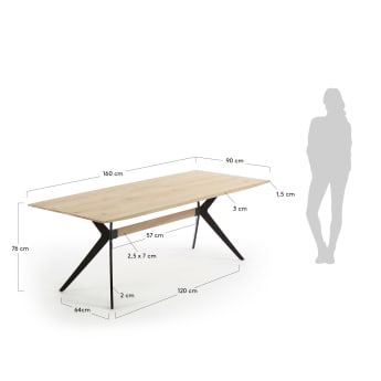 Table Amethyst placage chêne blanchi et pieds acier finition noire 160 x 90 cm - dimensions