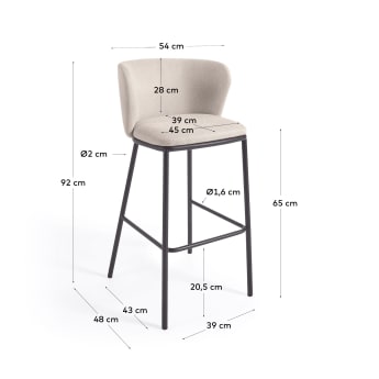 Ciselia stool in beige chenille with steel legs in black finish, 65 cm height - sizes