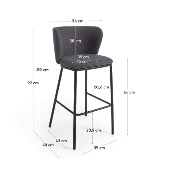 Ciselia stool in dark grey chenille with steel legs in black finish, 65 cm height - sizes