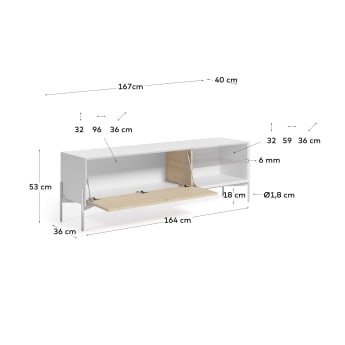 Marielle TV-meubel van essenhoutfineer met witte lak en wit afgewerkt metaal, 167 x 53 cm - maten