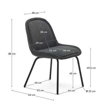 Καρέκλα Aimin, σκούρο γκρι chenille και ατσάλινα πόδια σε βαμμένο μαύρο ματ φινίρισμα - μεγέθη